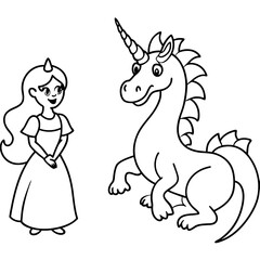 Cute princess cuddles with a unicorn. Coloring book page with colorful template for kids. Isolated illustration. For coloring book