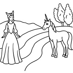 Cute princess cuddles with a unicorn. Coloring book page with colorful template for kids. Isolated illustration. For coloring book