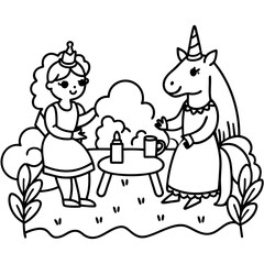 Cute princess cuddles with a unicorn. Coloring book page with colorful template for kids. Isolated illustration. For coloring book