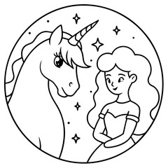 Cute princess cuddles with a unicorn. Coloring book page with colorful template for kids. Isolated illustration. For coloring book
