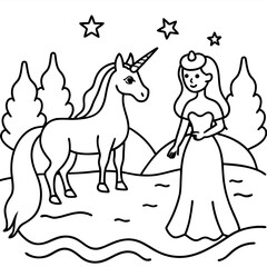 Cute princess cuddles with a unicorn. Coloring book page with colorful template for kids. Isolated illustration. For coloring book