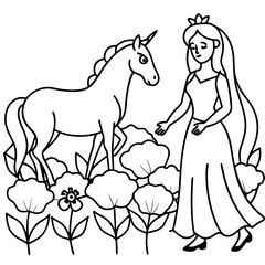 Cute princess cuddles with a unicorn. Coloring book page with colorful template for kids. Isolated illustration. For coloring book