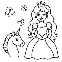 Cute princess cuddles with a unicorn. Coloring book page with colorful template for kids. Isolated illustration. For coloring book