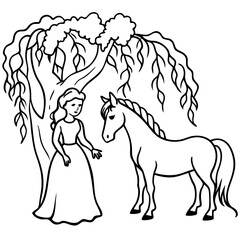 Cute princess cuddles with a unicorn. Coloring book page with colorful template for kids. Isolated illustration. For coloring book
