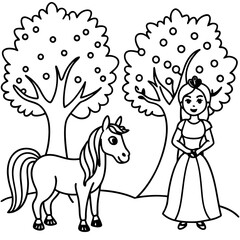 Cute princess cuddles with a unicorn. Coloring book page with colorful template for kids. Isolated illustration. For coloring book