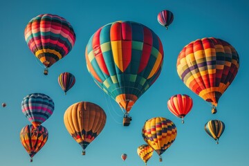 Fototapeta premium A hot air balloon festival with numerous balloons in various colors and patterns floating in the sky. 