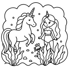 Cute princess cuddles with a unicorn. Coloring book page with colorful template for kids. Isolated illustration. For coloring book