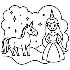 Cute princess cuddles with a unicorn. Coloring book page with colorful template for kids. Isolated illustration. For coloring book