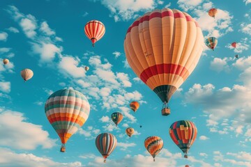 Fototapeta premium A hot air balloon festival with numerous balloons in various colors and patterns floating in the sky. 
