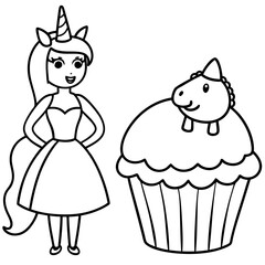 Cute princess cuddles with a unicorn. Coloring book page with colorful template for kids. Isolated illustration. For coloring book