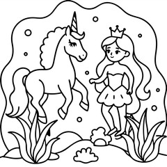 Cute princess cuddles with a unicorn. Coloring book page with colorful template for kids. Isolated illustration. For coloring book