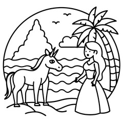 Cute princess cuddles with a unicorn. Coloring book page with colorful template for kids. Isolated illustration. For coloring book