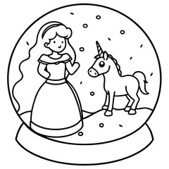 Cute princess cuddles with a unicorn. Coloring book page with colorful template for kids. Isolated illustration. For coloring book
