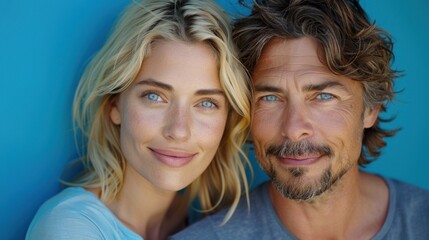 Close-up portrait of a couple with blue eyes, smiling gently at the camera
