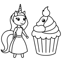 Cute princess cuddles with a unicorn. Coloring book page with colorful template for kids. Isolated illustration. For coloring book