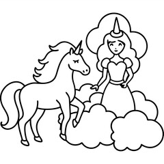 Cute princess cuddles with a unicorn. Coloring book page with colorful template for kids. Isolated illustration. For coloring book