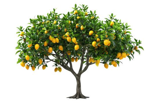 A vibrant lemon tree adorned with ripe yellow lemons, standing isolated on a transparent background. showcasing lush green foliage and healthy fruits.