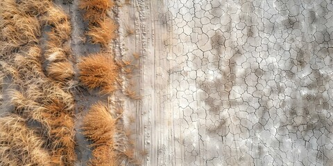 Aerial view of saltcrusted barren field with sparse struggling vegetation. Concept Saltcrusted landscapes, Barren fields, Struggling vegetation, Aerial photography, Nature's resilience - Powered by Adobe