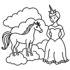 Cute princess cuddles with a unicorn. Coloring book page with colorful template for kids. Isolated illustration. For coloring book