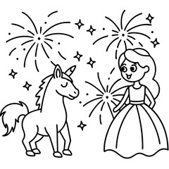 Cute princess cuddles with a unicorn. Coloring book page with colorful template for kids. Isolated illustration. For coloring book