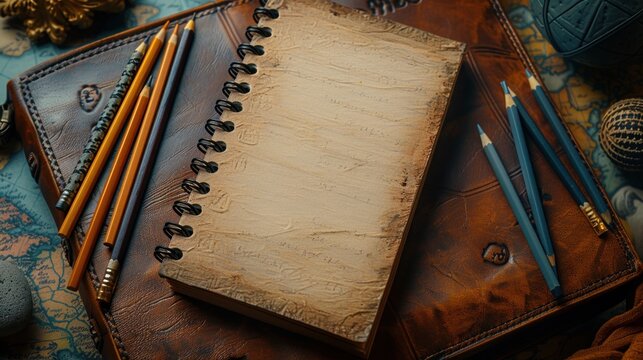 An open notebook on a leather surface awaits ideas with pencils - Powered by Adobe