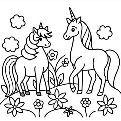 Naklejka premium Cute princess cuddles with a unicorn. Coloring book page with colorful template for kids. Isolated illustration. For coloring book