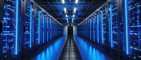 Modern data center with rows of servers and blue lighting