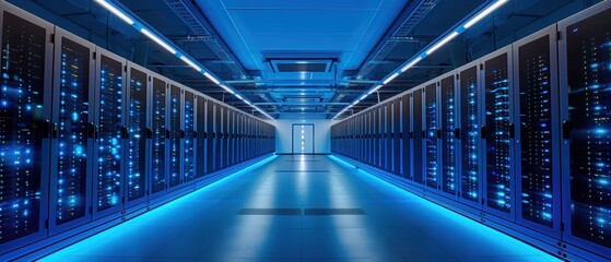 Modern data center with rows of servers and blue lighting