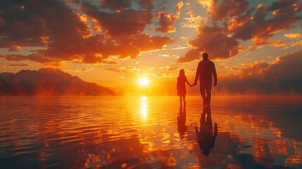 Fototapeta premium Father Holding Daughter's Hand on the Beach