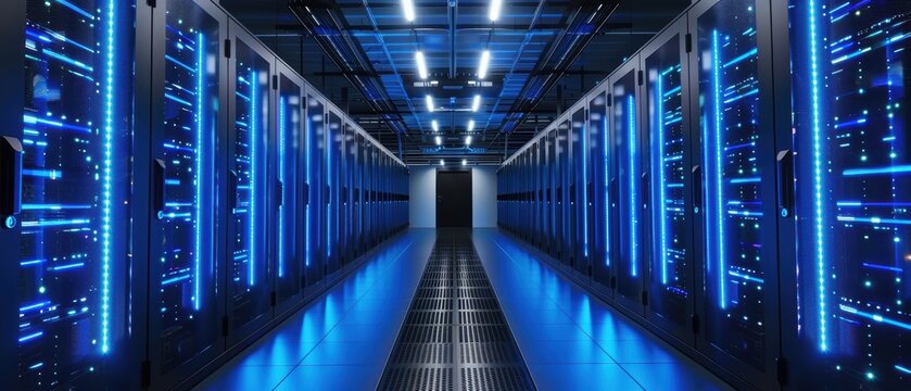 Modern data center with rows of servers and blue lighting