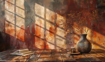 Rustic dining room with an empty vase