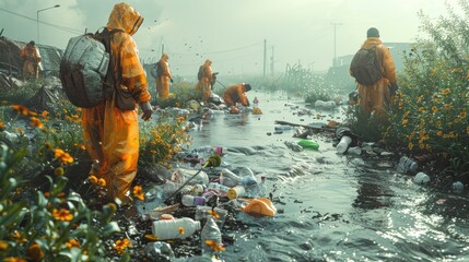 People in hazmat suits cleaning a polluted river