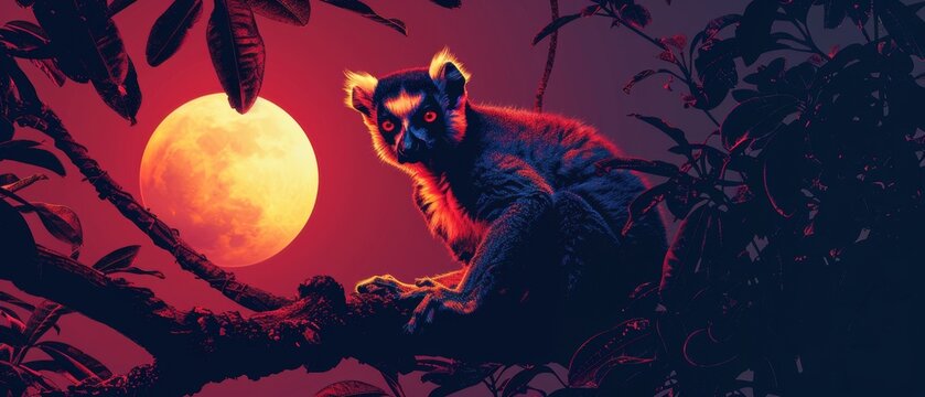 Neon-accented silhouette of a lemur in a tree