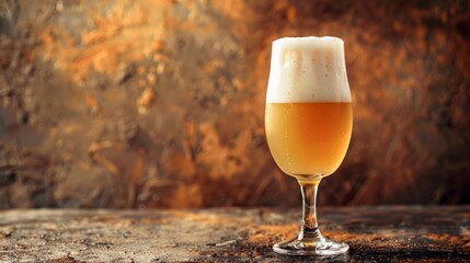 Light foam beer in a glass on an old background