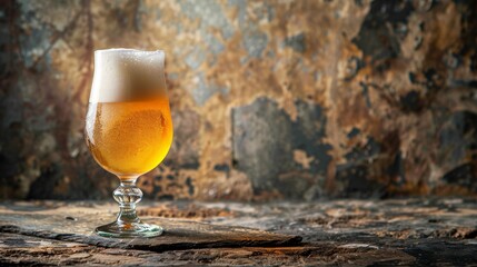 Light foam beer in a glass on an old background