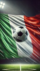 A football in motion with the Italian flag in the background, featuring green, white, and red colors. Football and national flag. Soccer ball