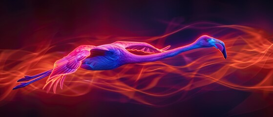 Neon-highlighted silhouette of a flamingo in flight