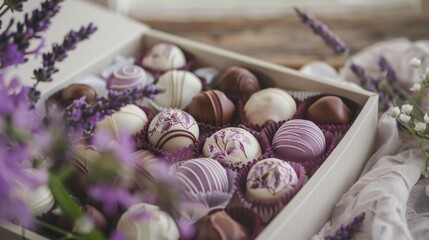 A box of luxury lavender chocolates, each piece intricately designed, with a displayed on a beautiful porcelain dish