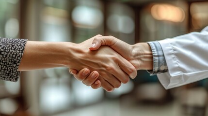 Two hands shake, symbolizing trust and commitment in a healthcare setting