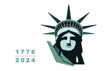 Statue of Liberty, portrait, Presentation. USA Independence Day. Liberty, 1776-2024. Green design, USA holiday. National symbol of America New York, banner, flyer advertising. Vector illustration