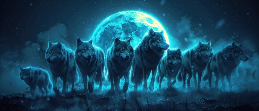 Neon-highlighted wolf pack under a full moon