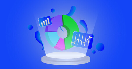 Data Analytics Isometric Vector Illustration. Analyze the data depicted with graphs and diagrams. Ideal for use on data- and analytics-focused websites, banners, and landing pages.