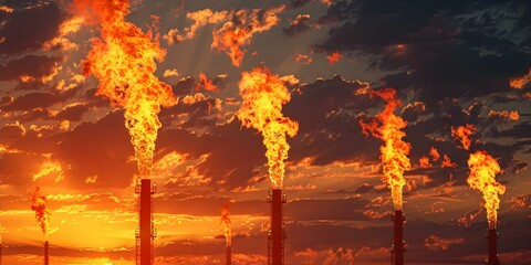 Fototapeta premium Oil refinery flare stacks emit combustion byproducts during processing. Concept Air Pollution, Industrial Emissions, Environmental Impact, Combustion Byproducts, Refinery Operations