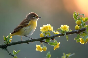 Fototapeta premium Spring Morning Melody: Bird Perched on Blooming Branch - Nature's Tranquility for Print, Poster, Wall Art