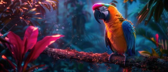 Neon-lit bird of paradise, , glowing rainforest