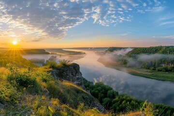 Tranquil summer sunrise panorama with river, fog, and sun on a beautiful sunny day