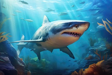 Obraz premium Great white shark swimming underwater. 3D illustration. Toned.