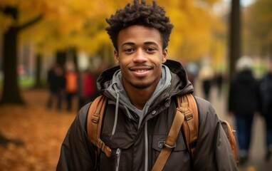 Fototapeta premium A young man with a backpack and a hoodie is smiling for the camera. The image has a casual and friendly vibe, with the man looking happy and relaxed