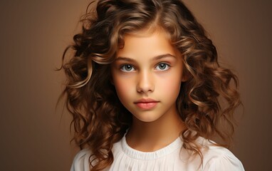 Fototapeta premium A young girl with curly brown hair and blue eyes is standing in front of a brown background. She is wearing a white shirt and has a smile on her face