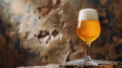 Light foam beer in a glass on an old background